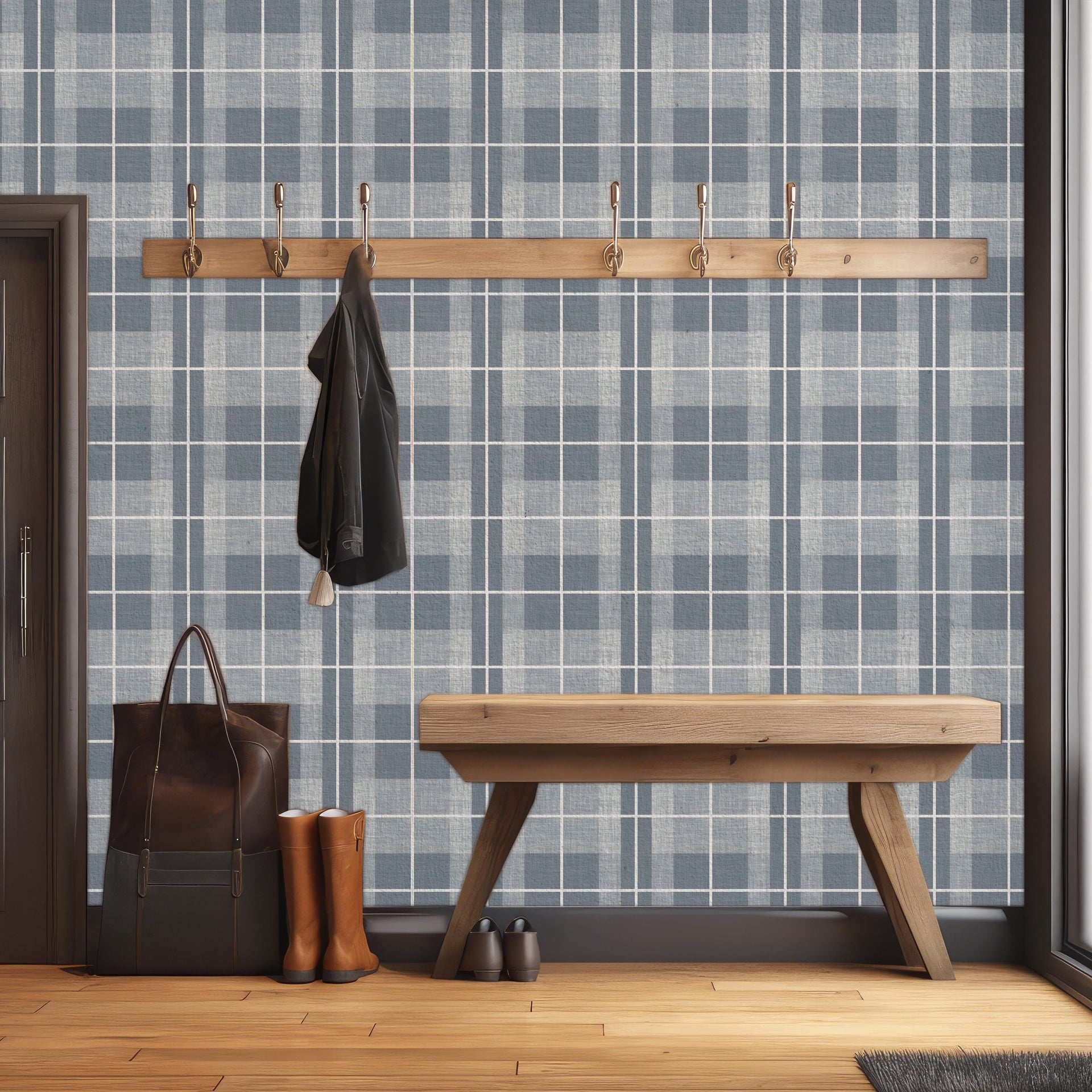 Callen plaid wallpaper in blue and white, perfect for a modern coastal look.