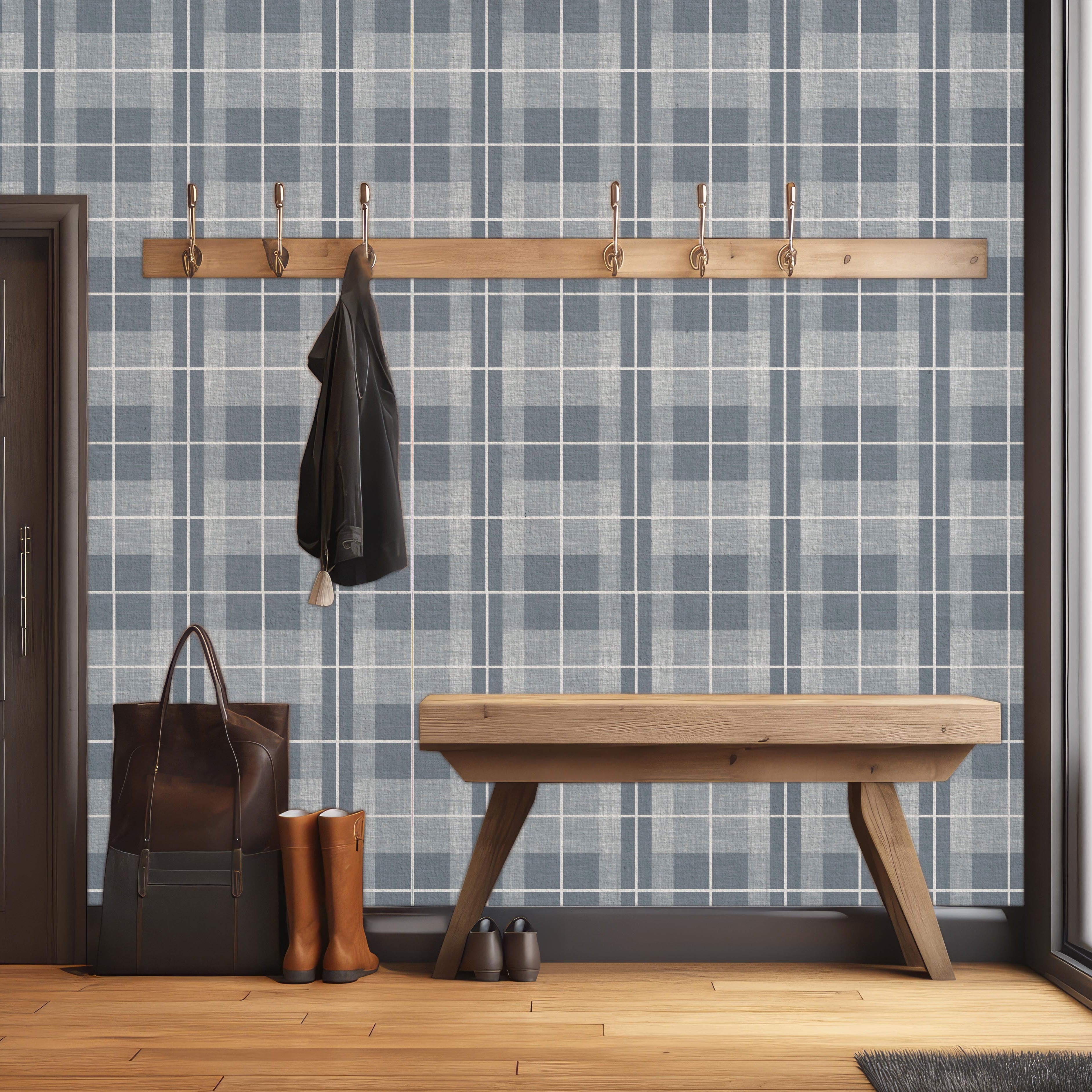 Callen plaid wallpaper in blue and white, perfect for a modern coastal look.