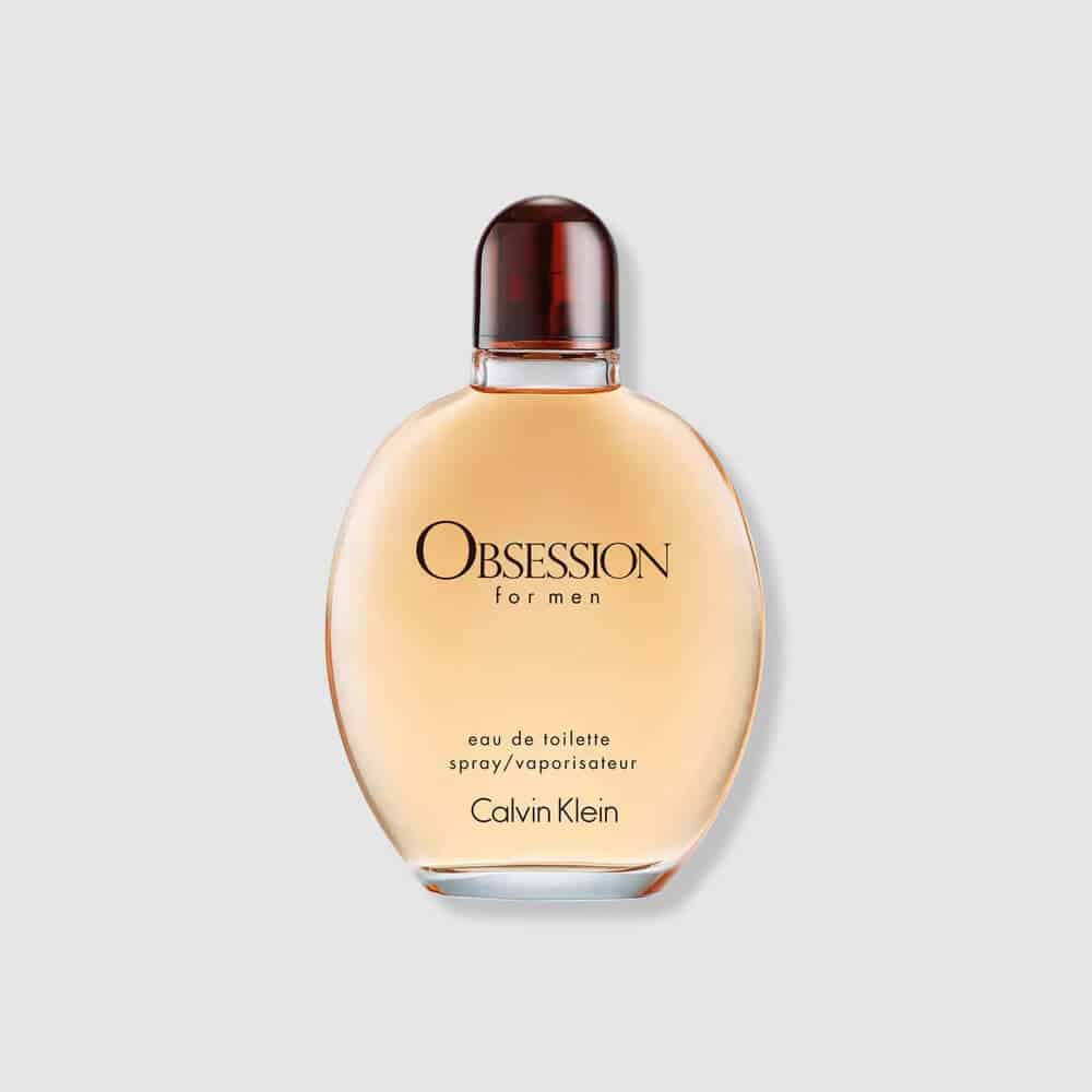 Calvin Klein Obsession for Men 6.7 fl oz Eau de Toilette spray bottle with warm amber liquid
