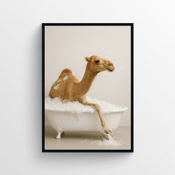 Photorealistic camel sitting in a clawfoot bathtub with soap bubbles