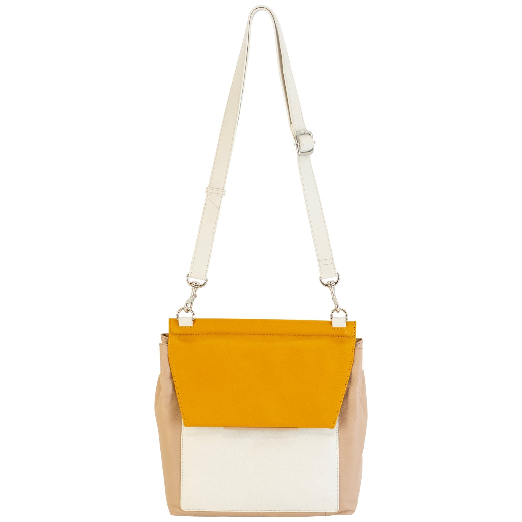 A medium-sized leather envelope crossbody bag in a color-blocked design of yellow, beige, and white with an adjustable strap.