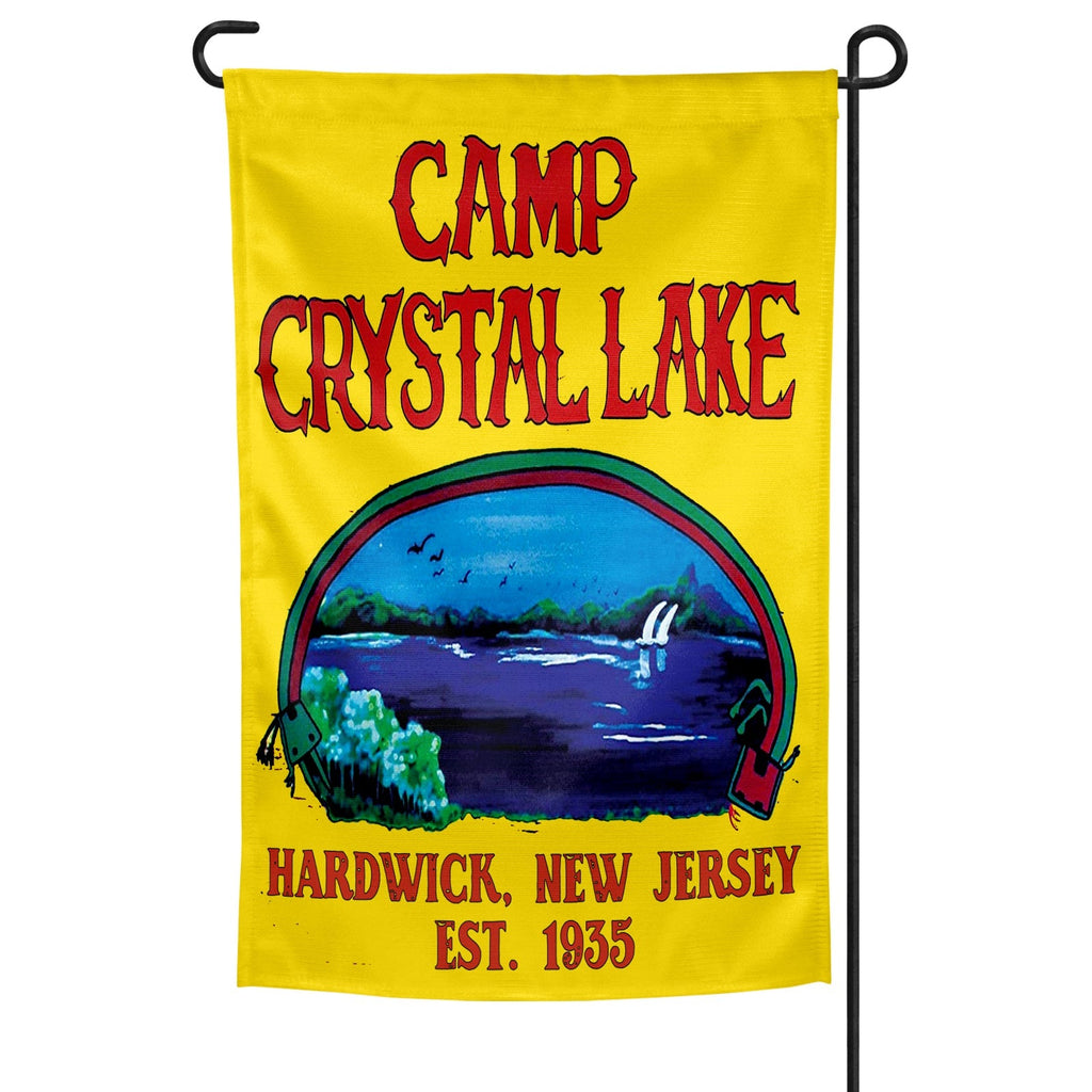 Camp Crystal Lake garden flag in yellow, blue, and red horror movie theme