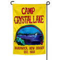 Camp Crystal Lake garden flag in yellow, blue, and red horror movie theme