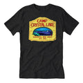 A graphic t-shirt featuring Camp Crystal Lake branding, showcasing a horror movie inspired design.