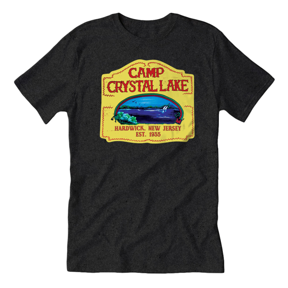 A graphic t-shirt featuring Camp Crystal Lake branding, showcasing a horror movie inspired design.