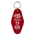 Vintage style Camp Crystal Lake motel room keychain on a metal ring