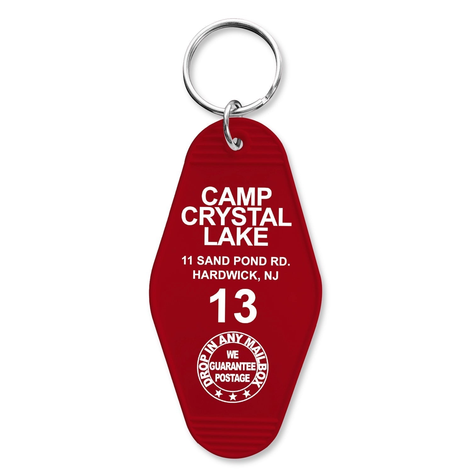 Vintage style Camp Crystal Lake motel room keychain on a metal ring