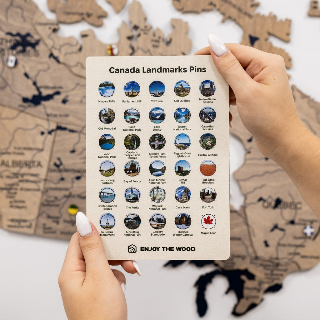 A set of wooden Canada Landmarks pins including the CN Tower and Niagara Falls for wall maps.