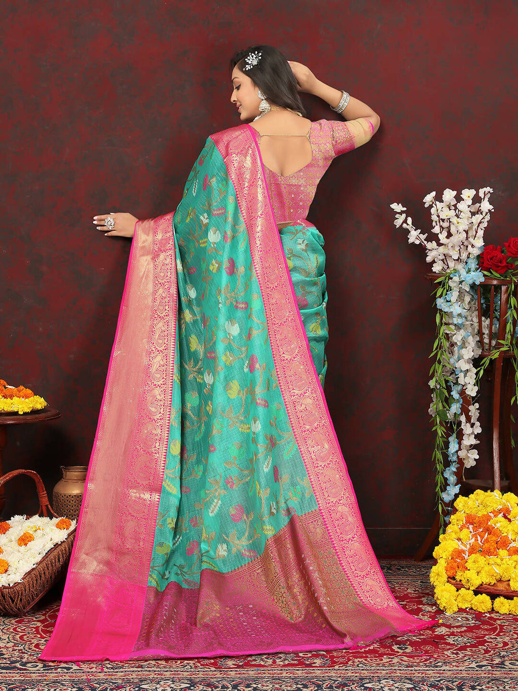 Teal Cotton Saree with Zari Meenakari Weaving and Silk Blouse