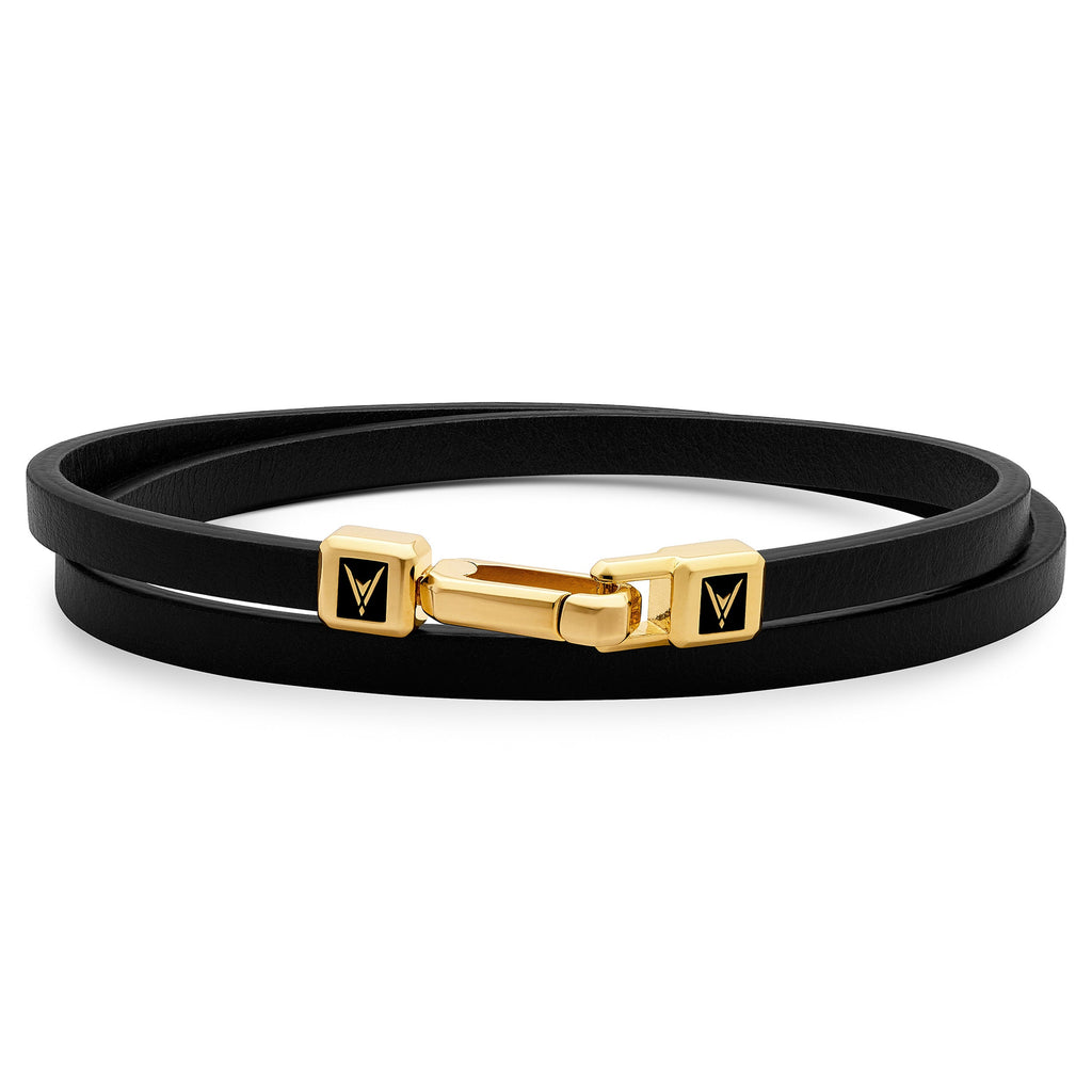 The Hitch double wrap leather bracelet in black with gold carabiner clasp