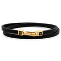 The Hitch double wrap leather bracelet in black with gold carabiner clasp