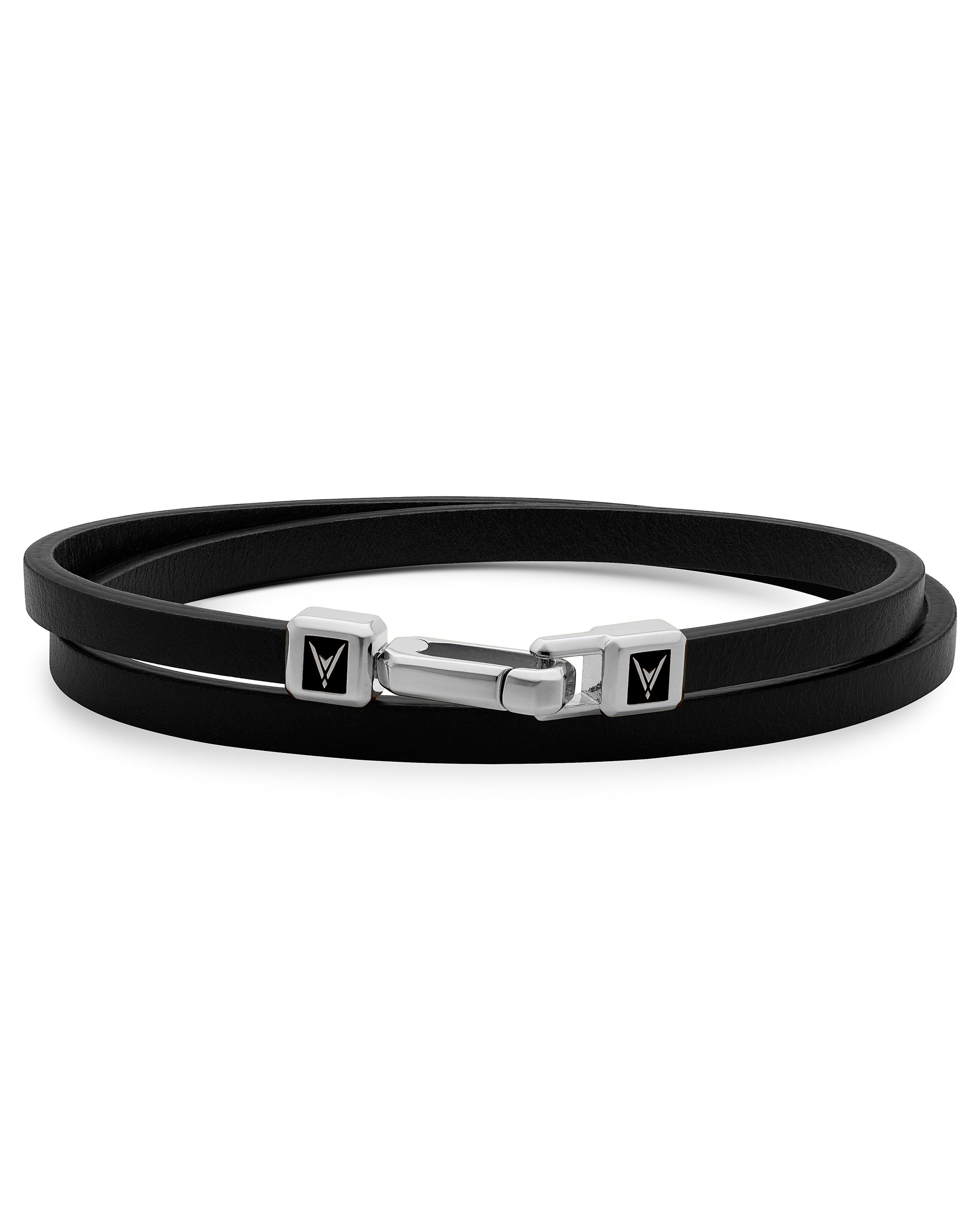 The Hitch Double Wrap Leather Bracelet in Black and Silver