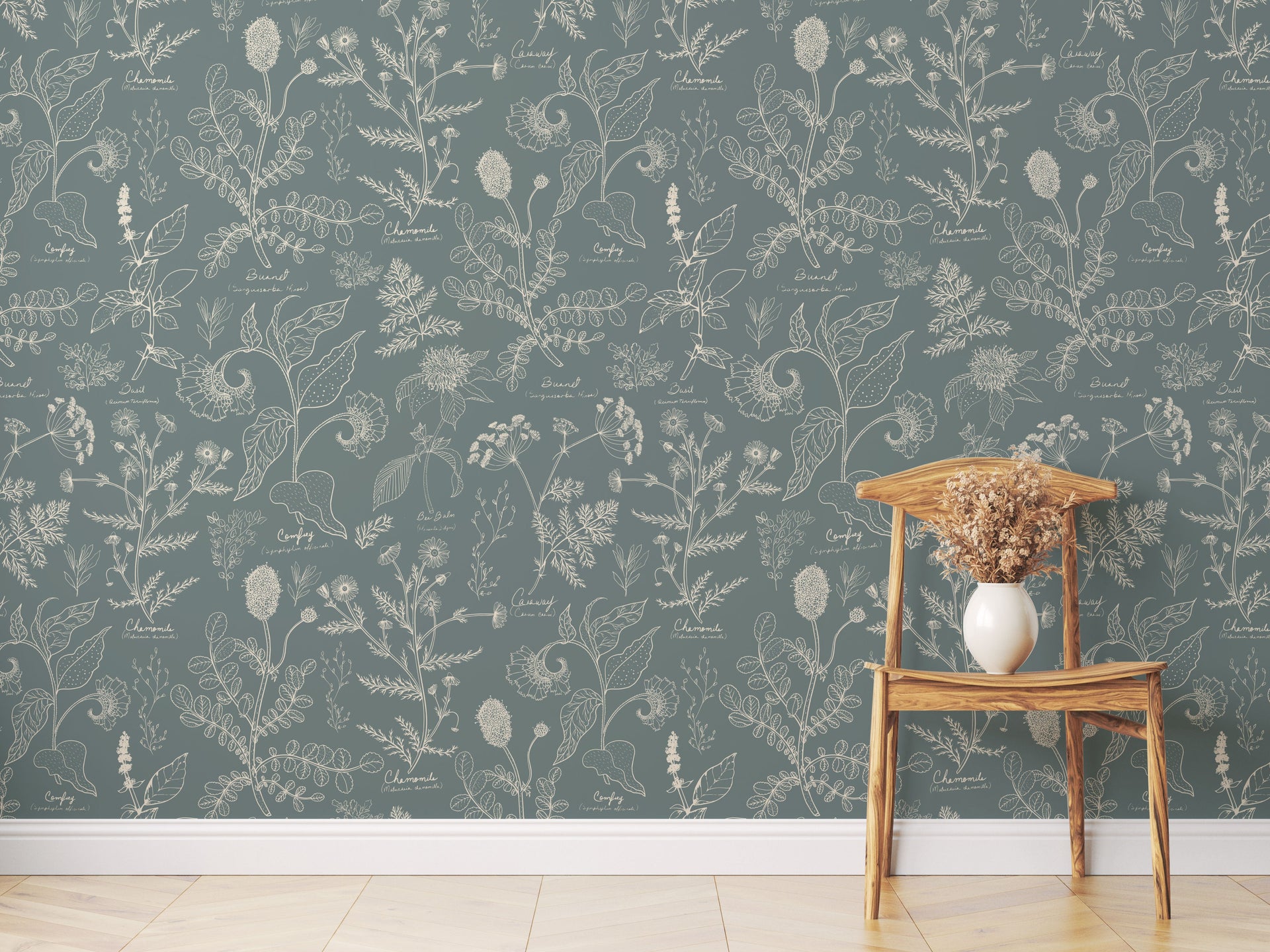 Caraway Floral Wallpaper in Green, White and Terracotta