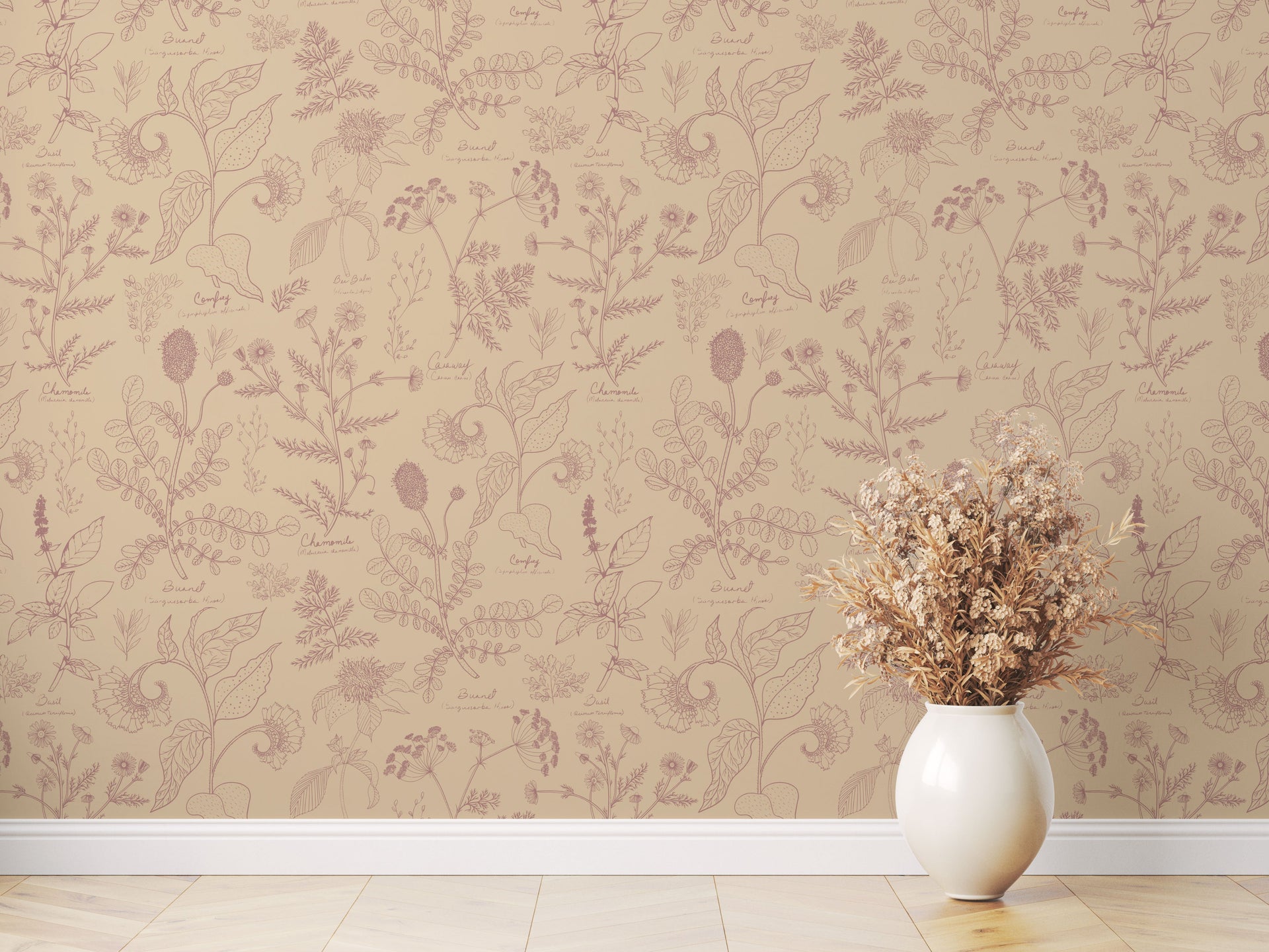 Caraway Floral Wallpaper in Green, White and Terracotta