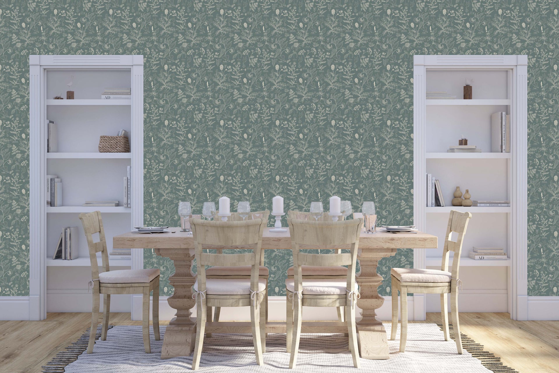 Caraway Floral Wallpaper in Green, White and Terracotta