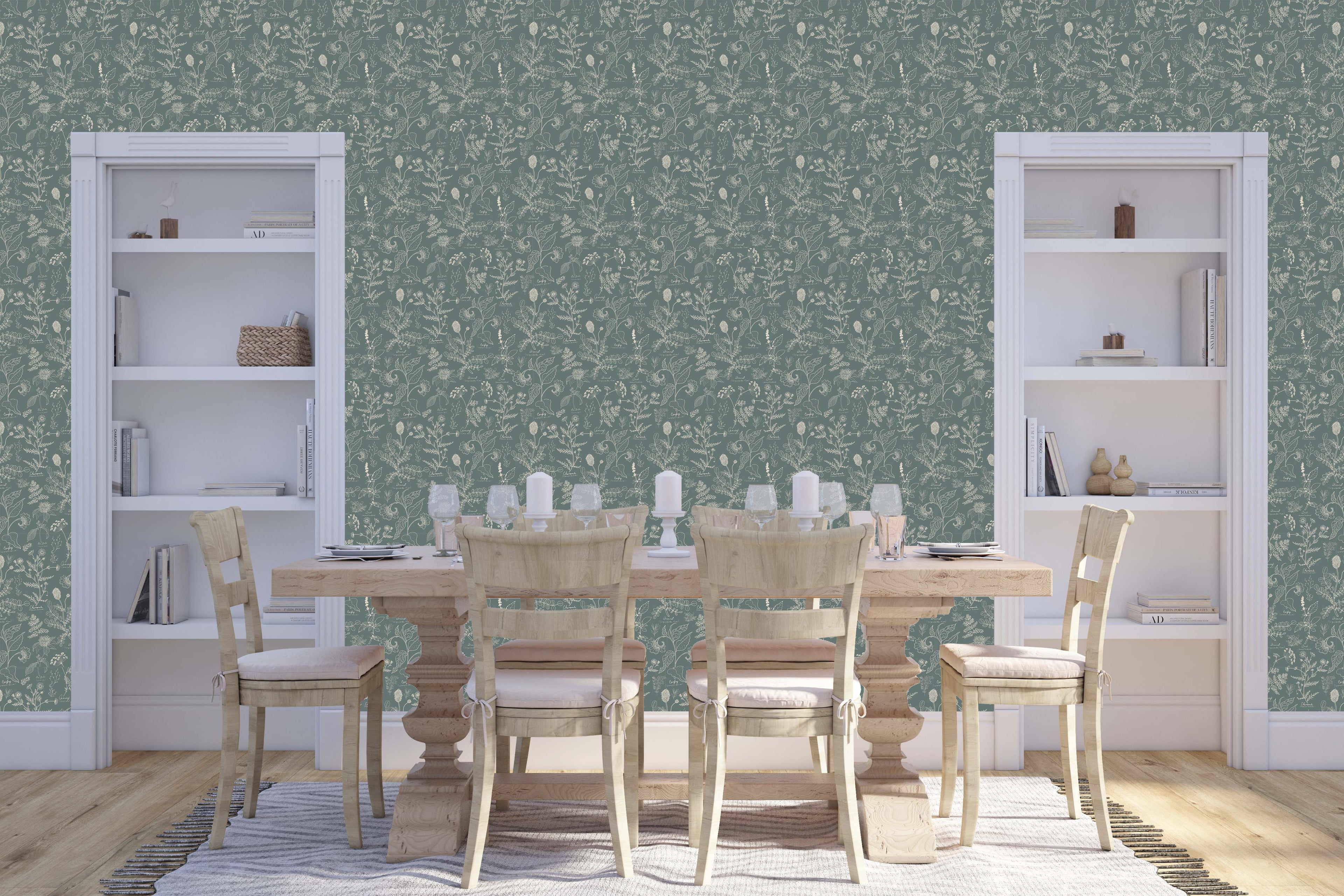 Caraway Floral Wallpaper in Green, White and Terracotta