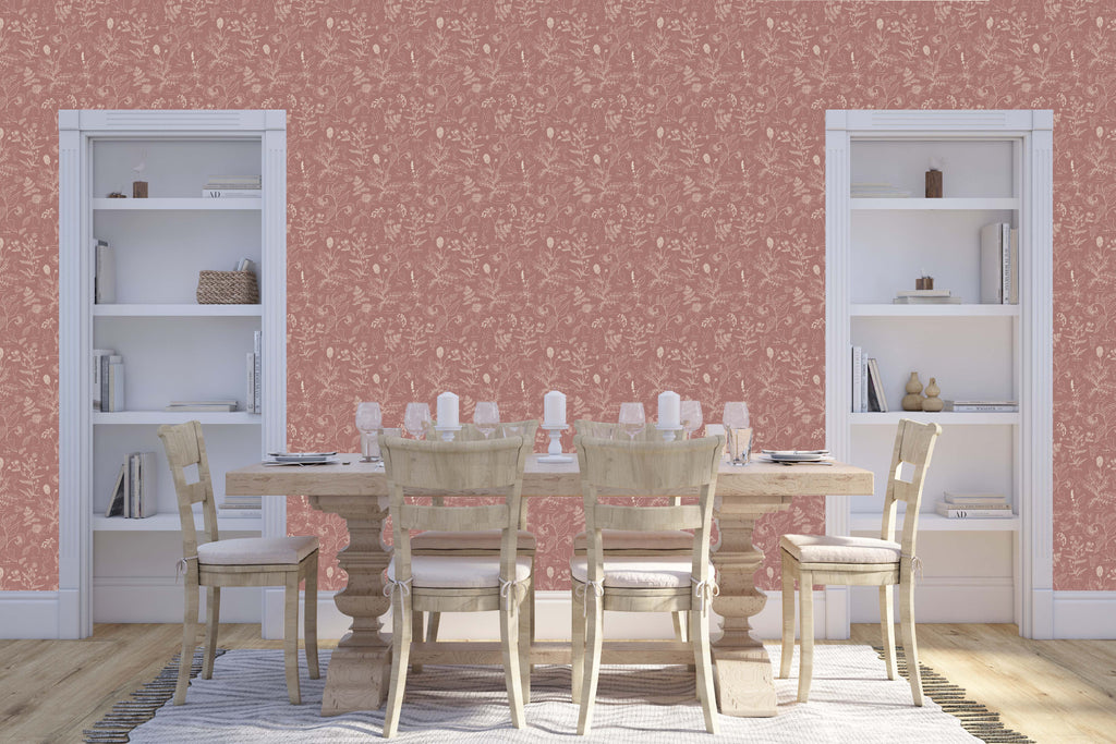 Caraway Floral Wallpaper in Green, White and Terracotta
