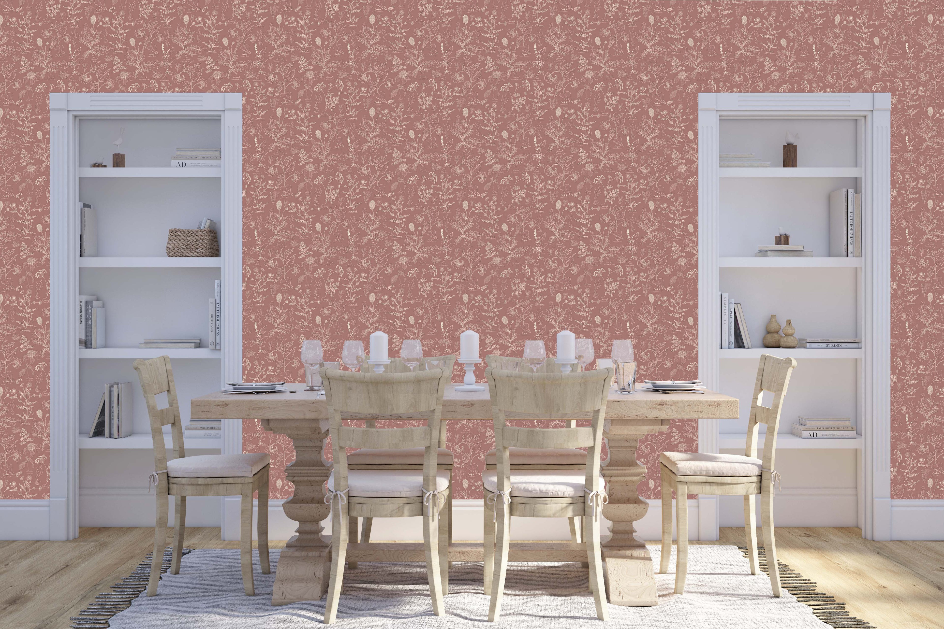 Caraway Floral Wallpaper in Green, White and Terracotta