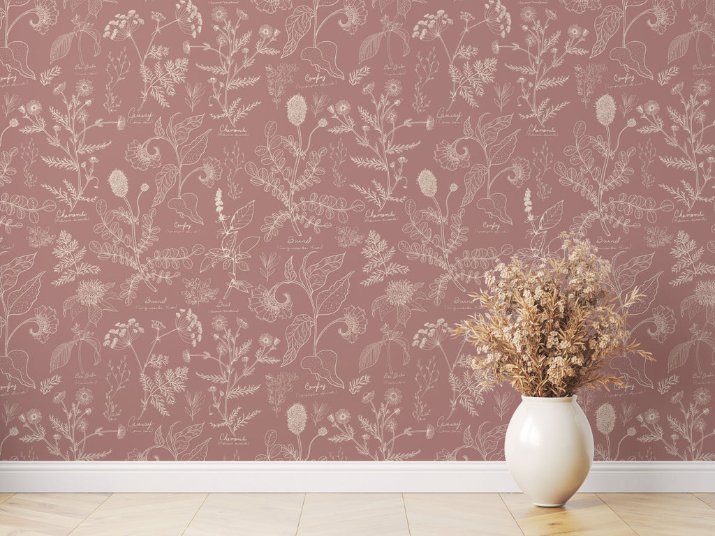 Caraway Floral Wallpaper in Green, White and Terracotta