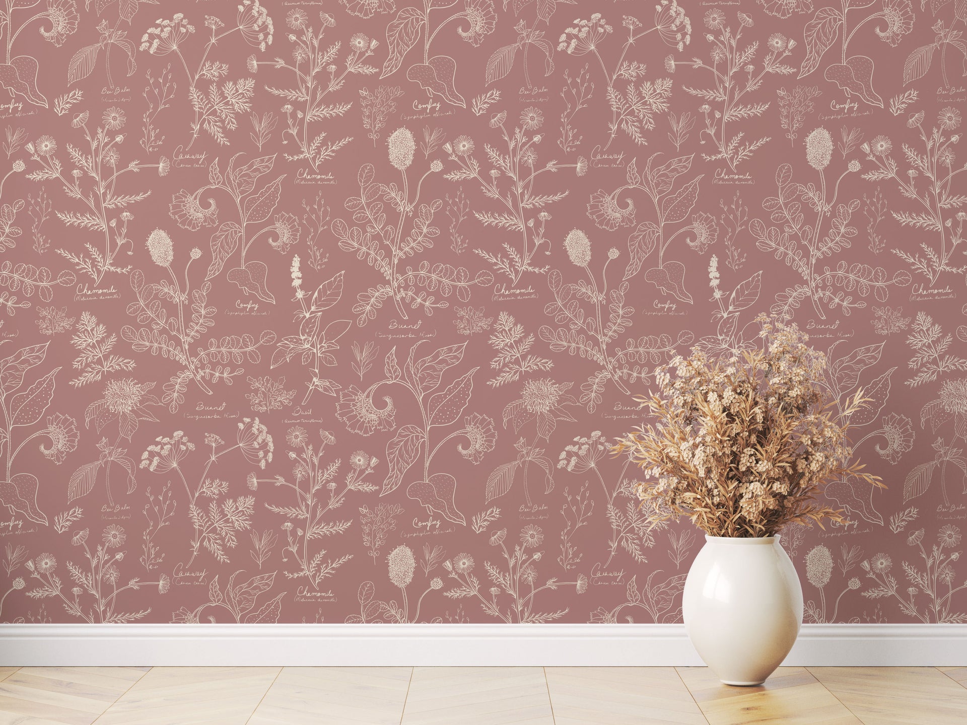 Caraway Floral Wallpaper in Green, White and Terracotta
