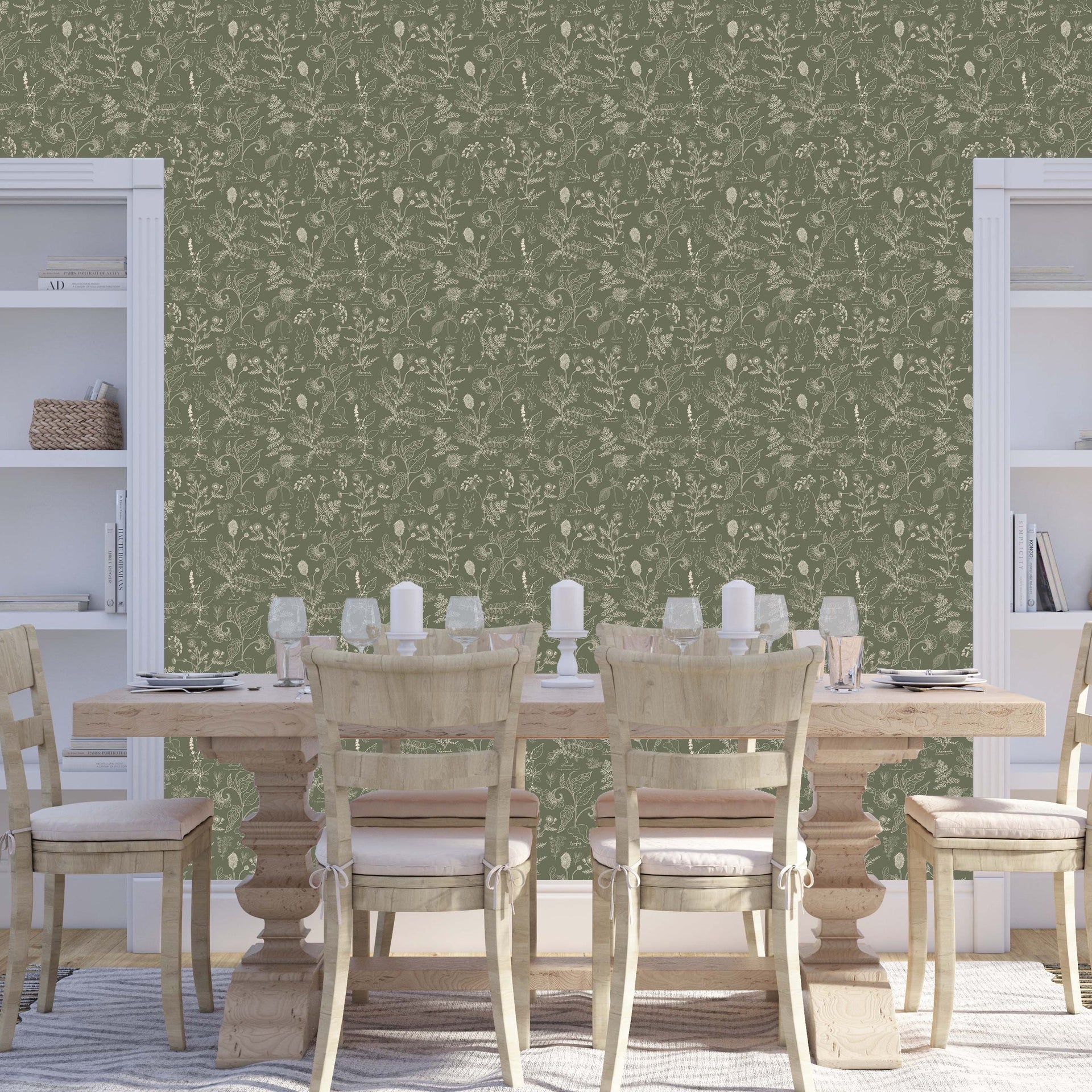Caraway Floral Wallpaper in Green, White and Terracotta
