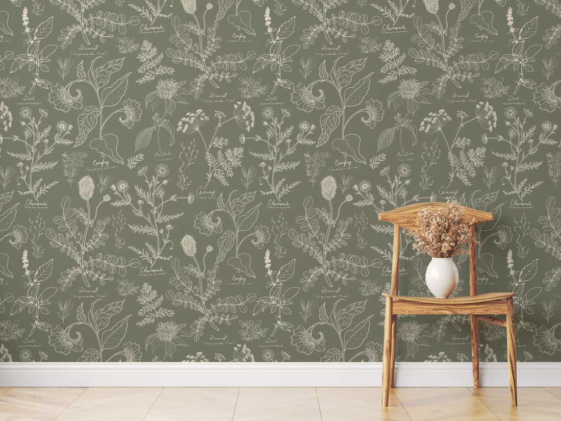 Caraway Floral Wallpaper in Green, White and Terracotta