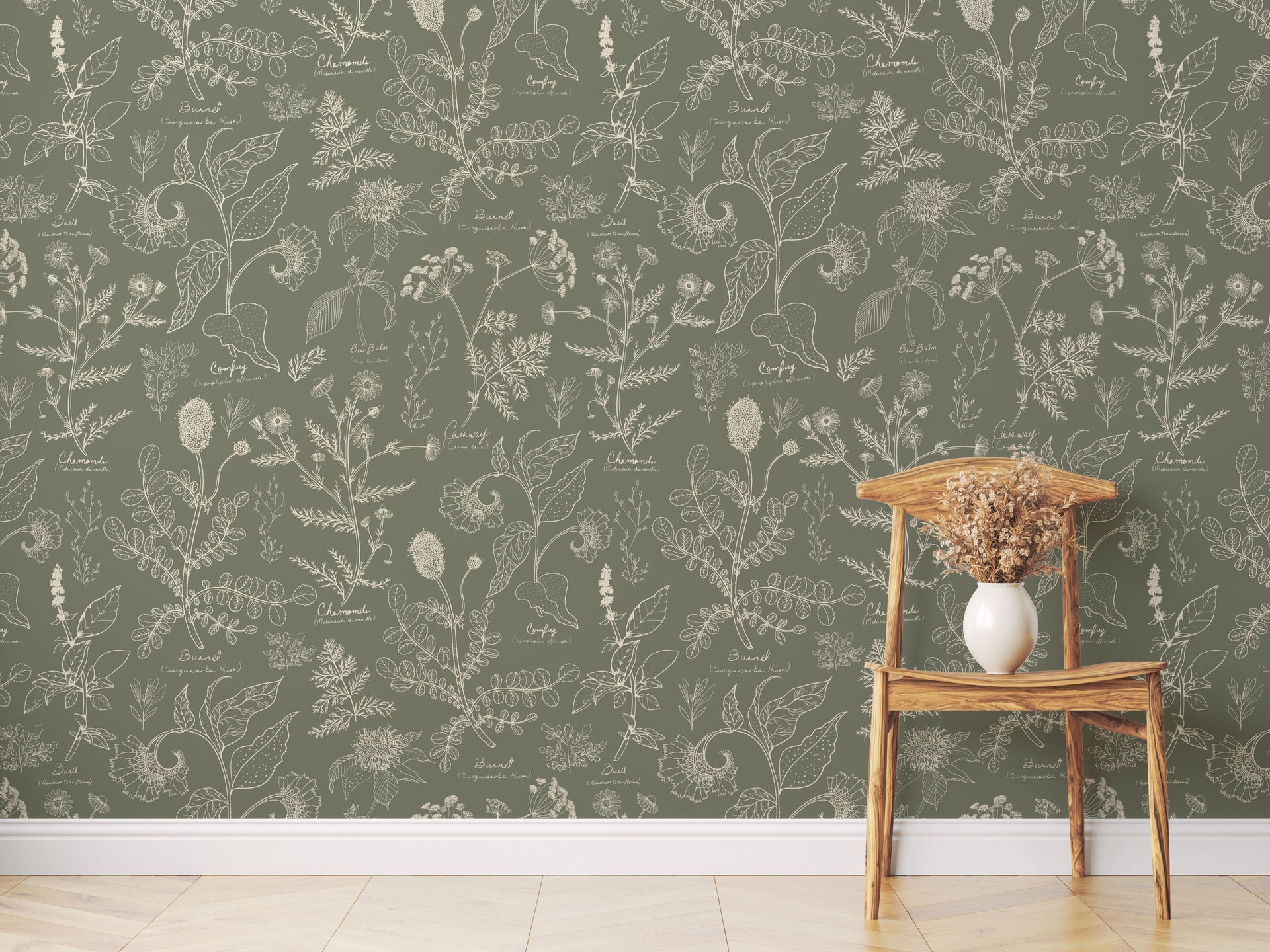 Caraway Floral Wallpaper in Green, White and Terracotta