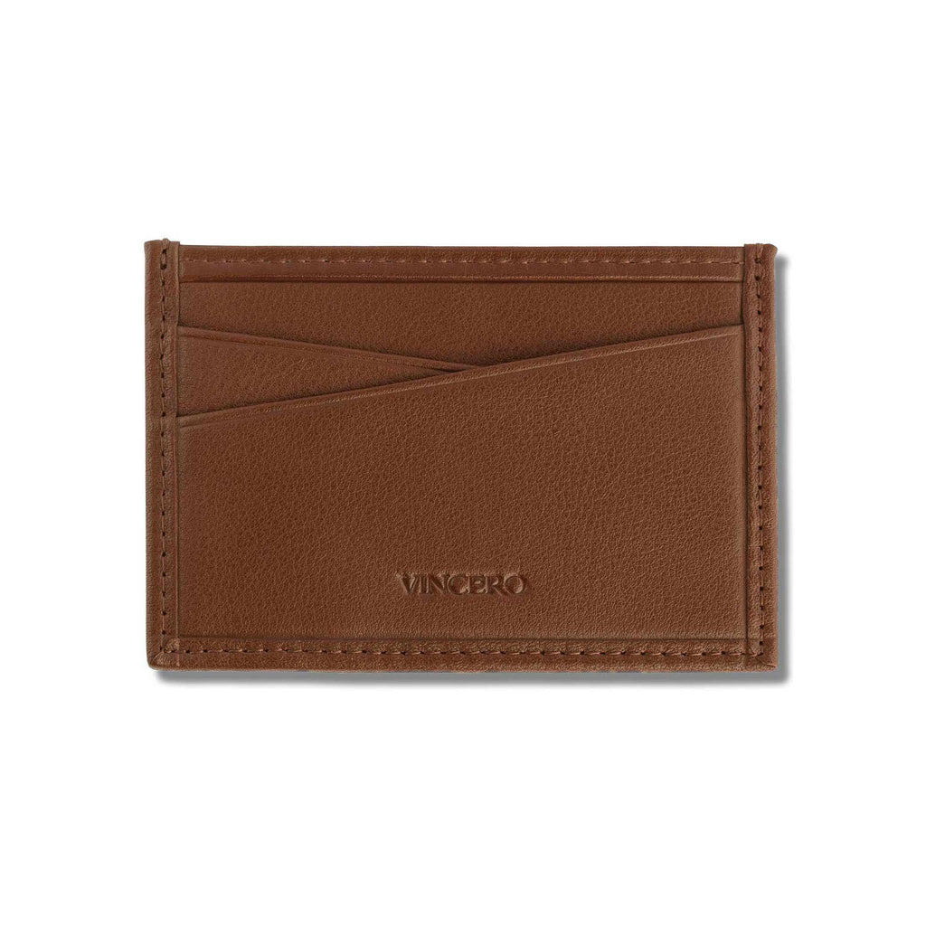 Top-grain Italian leather Card Sleeve in Saddle color, front view showing slim profile and card slots.