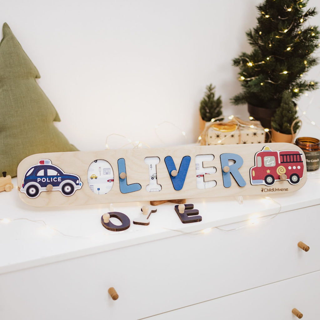 Custom wooden cars name puzzle for toddlers with vehicle-themed design