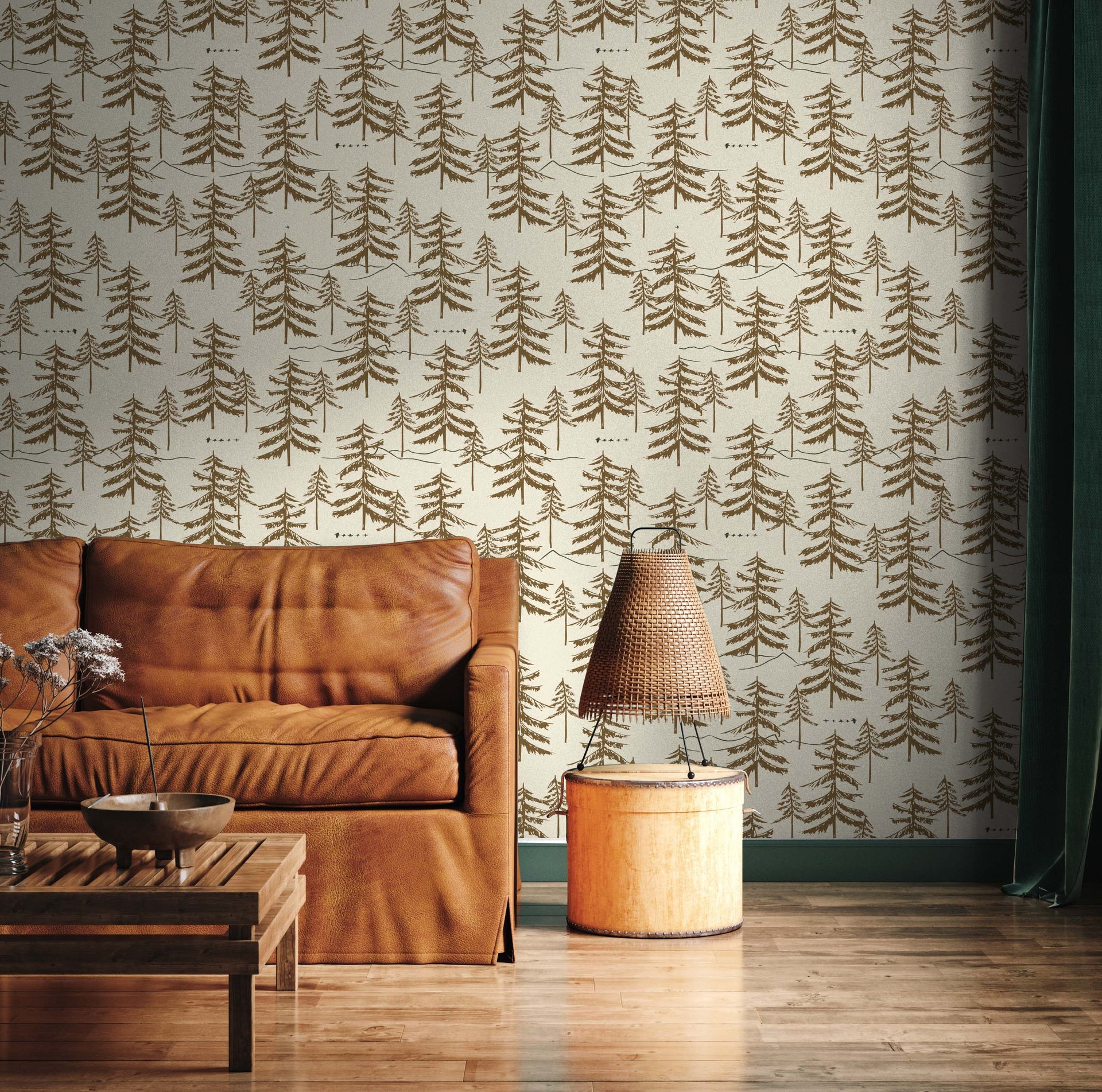 Cascade Nature-Inspired Wallpaper in Olive Green and White
