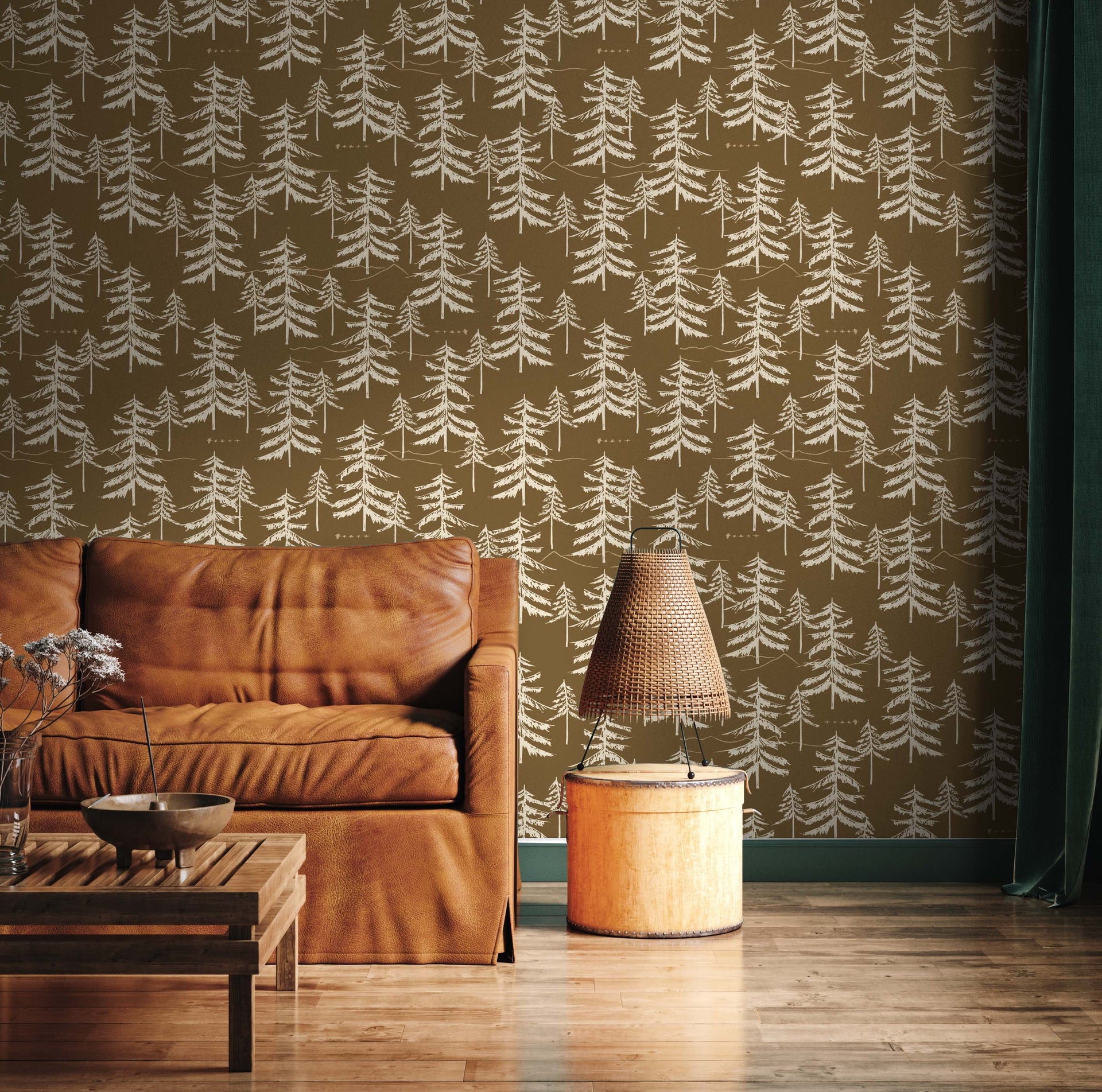 Cascade Nature-Inspired Wallpaper in Olive Green and White