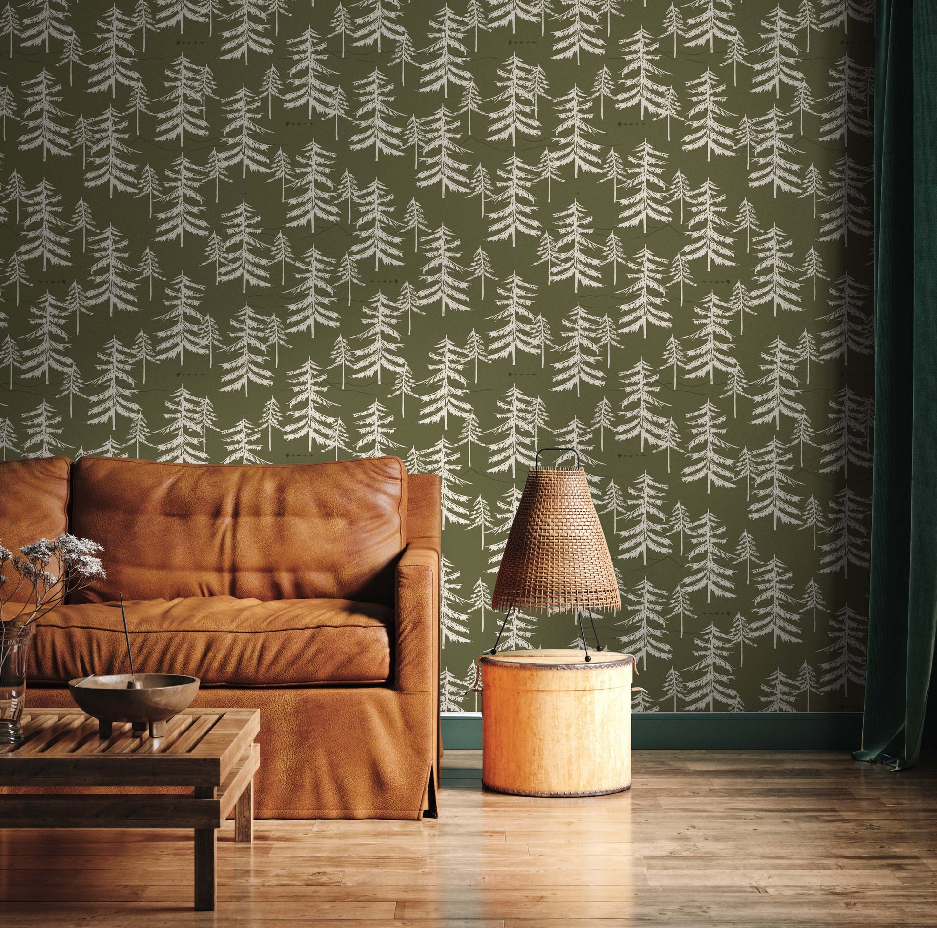 Cascade Nature-Inspired Wallpaper in Olive Green and White