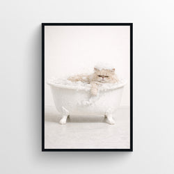 A fluffy Persian cat sitting in a white bubble-filled clawfoot tub looking resigned.