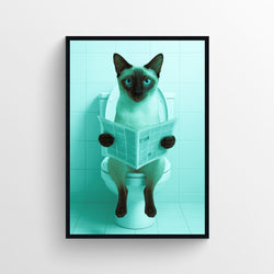 A Siamese cat sitting upright on a toilet reading a newspaper, graphic turquoise bathroom art.