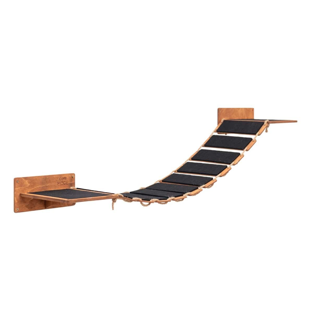 Wall-mounted oak cat rope bridge with two stairs for pet climbing