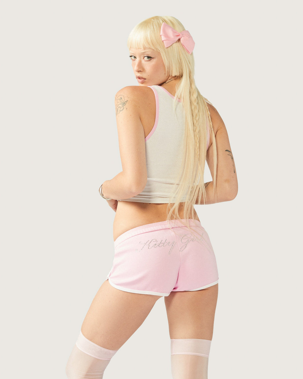 Kitty Girl Booty Shorts Y2K Low Rise Pastel Pink White Trim
