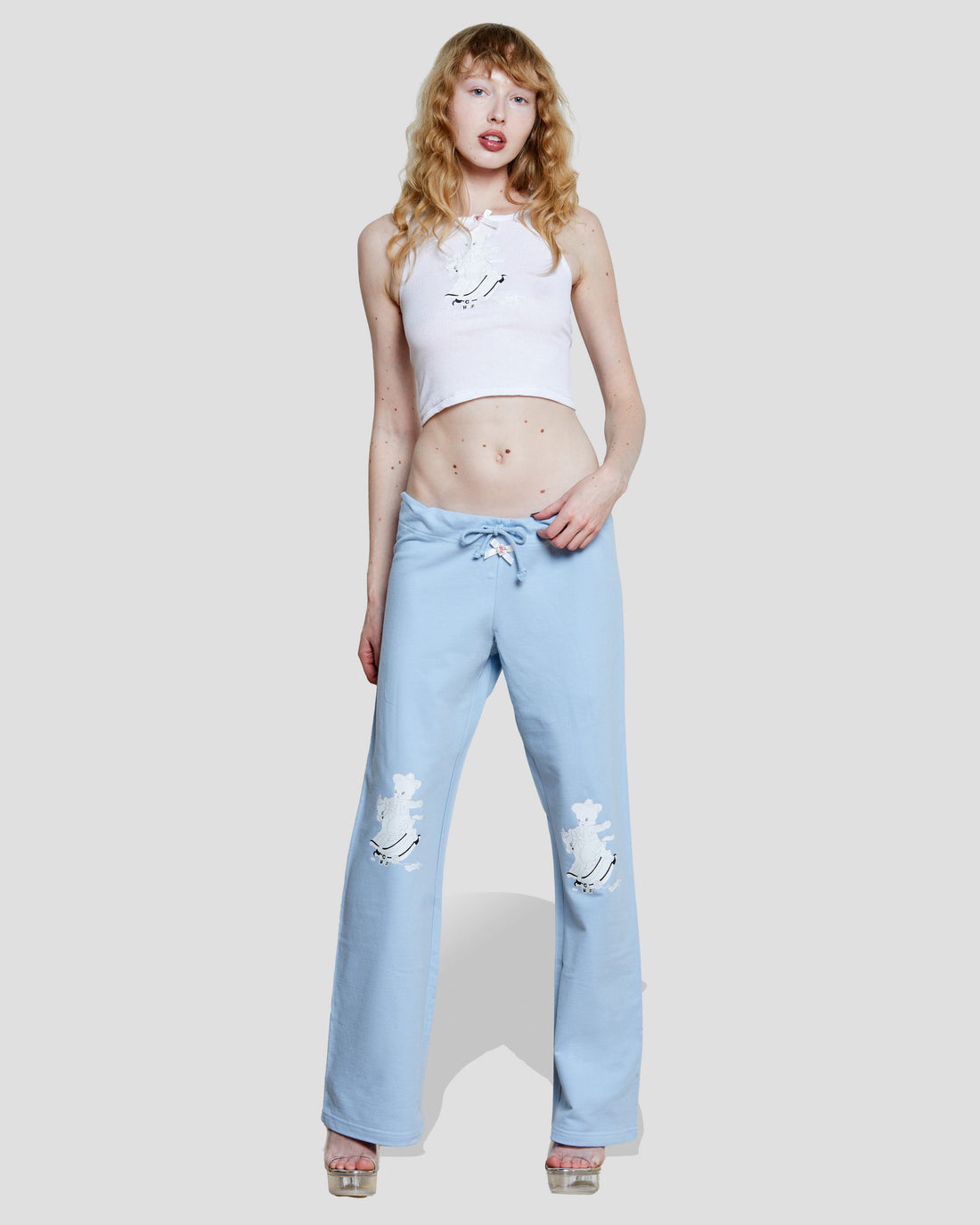 Cowbear Cutie Pants: Pastel Blue Wide-Leg Embroidered Sweats