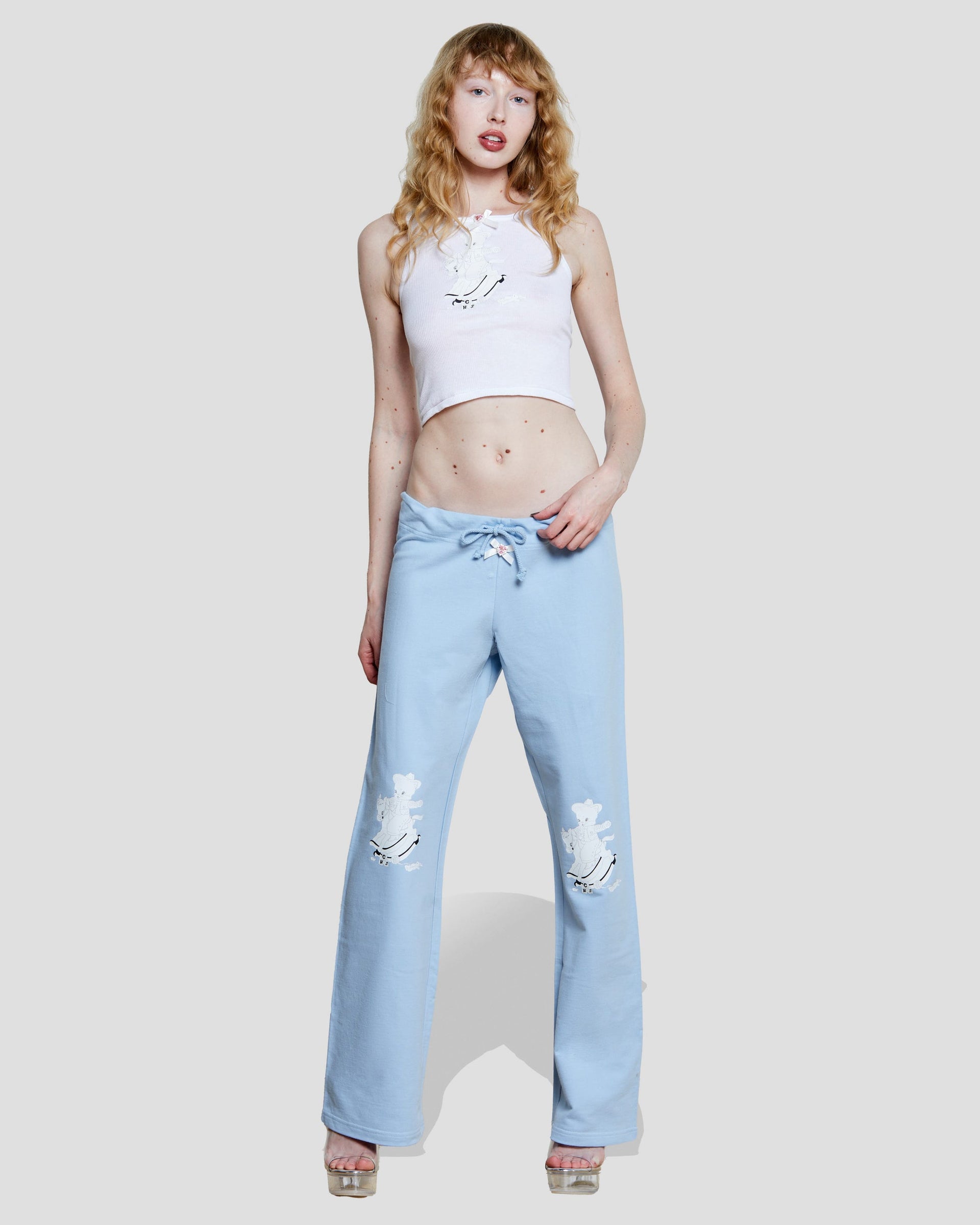 Cowbear Cutie Pants: Pastel Blue Wide-Leg Embroidered Sweats