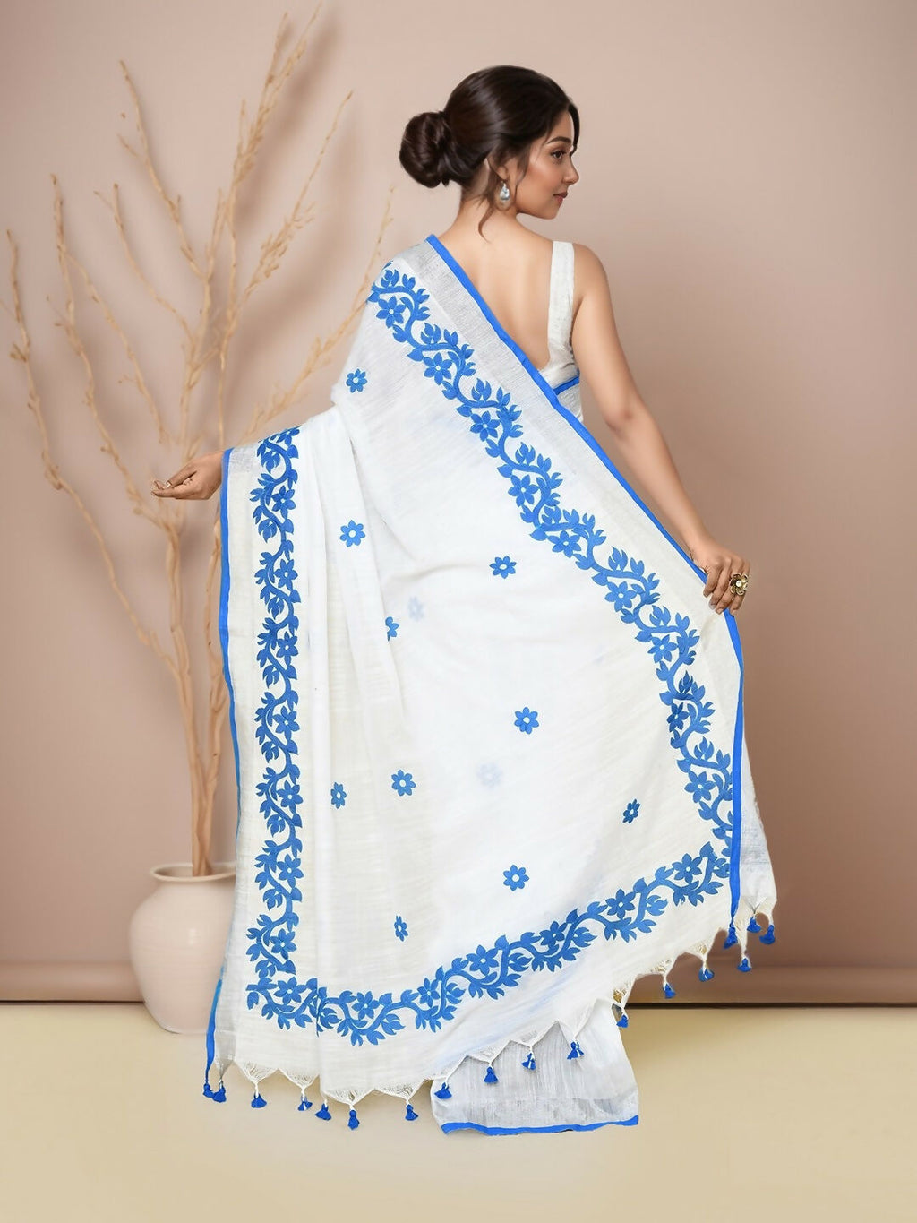 White & Blue Cotton Appliqué Saree with Traditional Craftwork