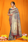 Grey Kanjivaram Silk Saree with Zari woven design and matching blouse piece