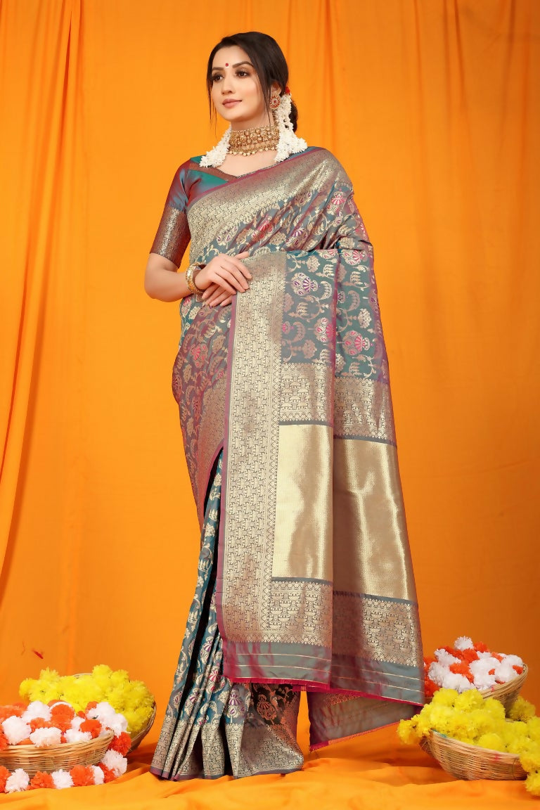 Grey Kanjivaram Silk Saree with Zari woven design and matching blouse piece