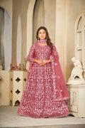 Gajri colored net embroidered Anarkali kurta set with white accents and matching dupatta