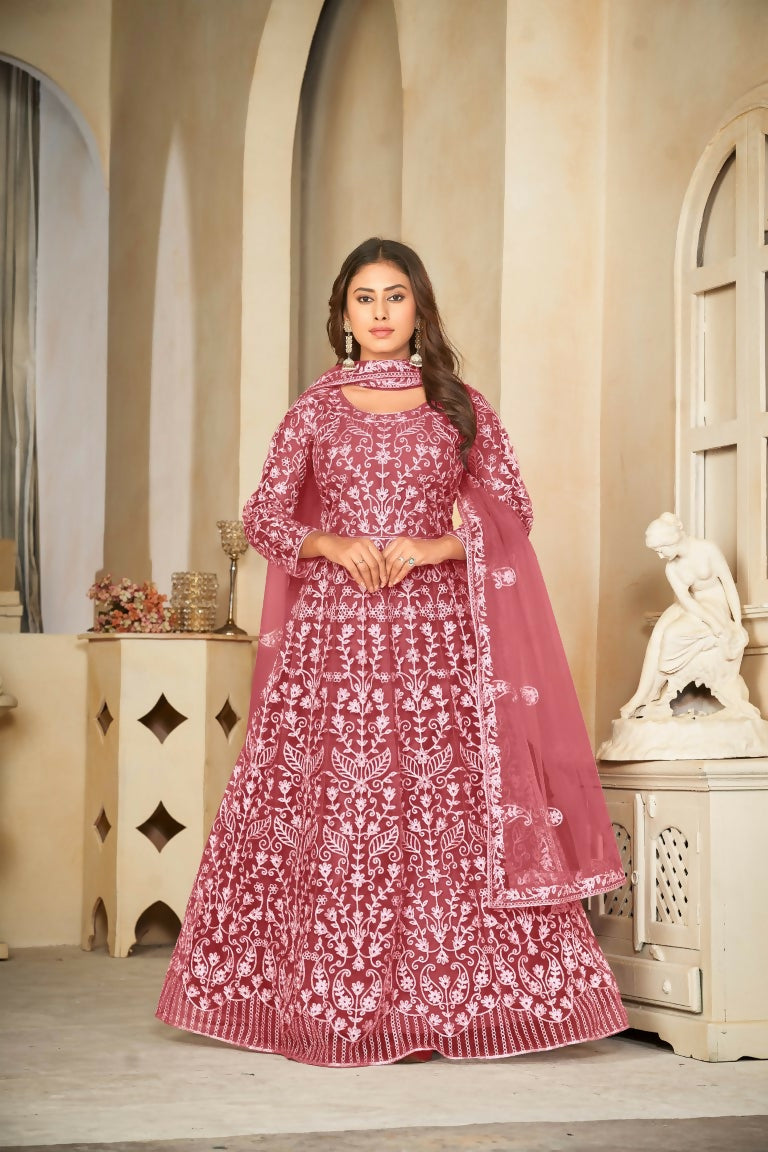 Gajri colored net embroidered Anarkali kurta set with white accents and matching dupatta