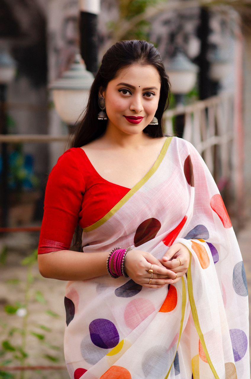 White Pure Linen Saree with Polka Dots and Weaving Border