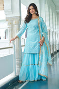 Sky Blue Chinon Silk Kurta Set with delicate embroidery and sequence work