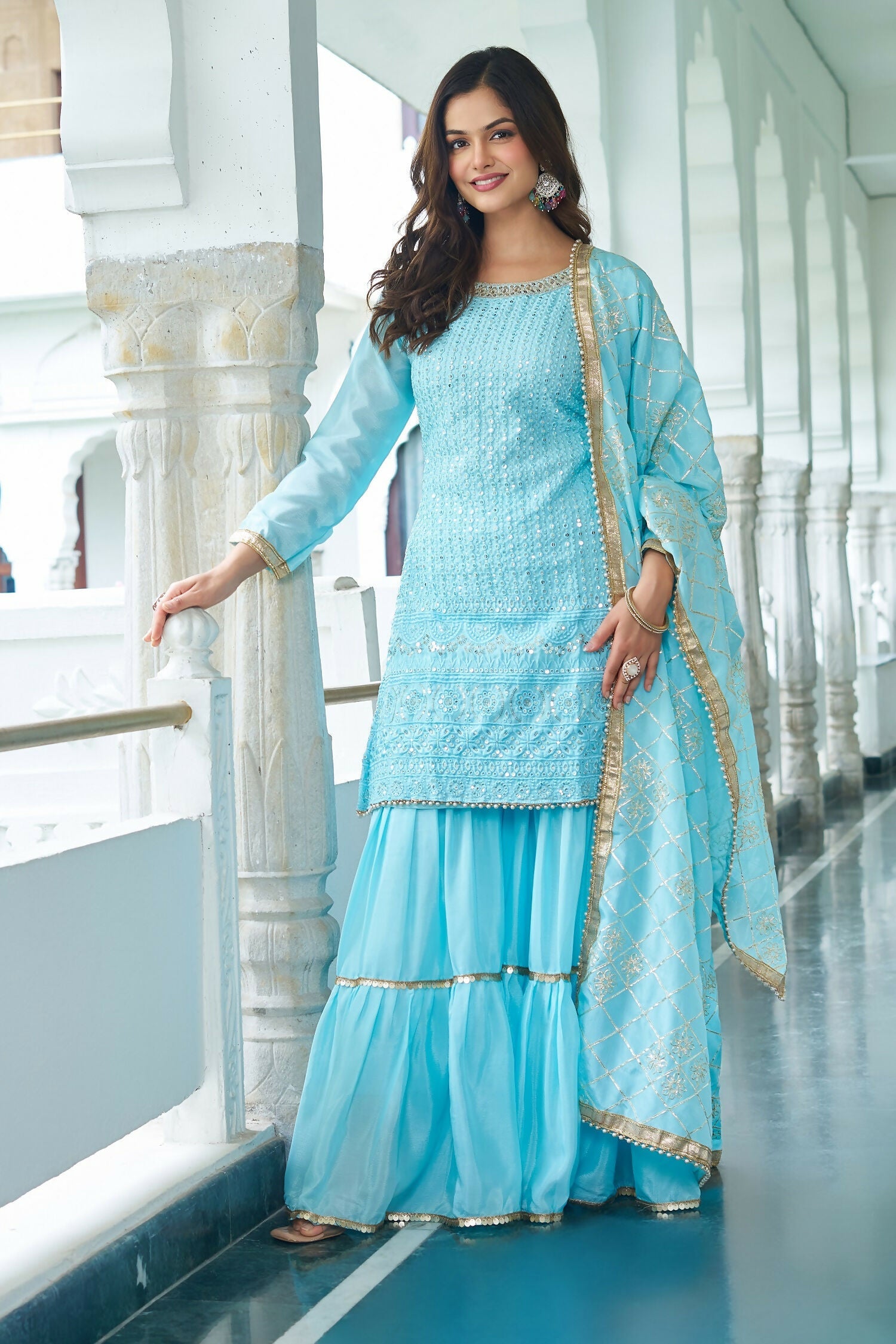 Sky Blue Chinon Silk Kurta Set with delicate embroidery and sequence work