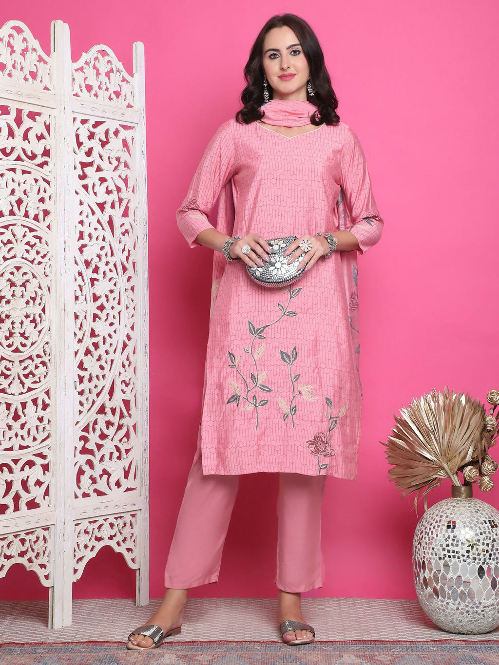 Pink muslin straight kurta with floral print, Jari embroidery, and crystal work, includes trousers and dupatta.