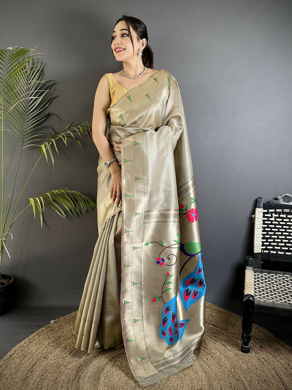 Elegant Beige Tissue Paithani Saree featuring intricate peacock and floral embroidery motifs