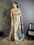 Elegant Beige Tissue Paithani Saree featuring intricate peacock and floral embroidery motifs