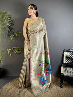 Elegant Beige Tissue Paithani Saree featuring intricate peacock and floral embroidery motifs